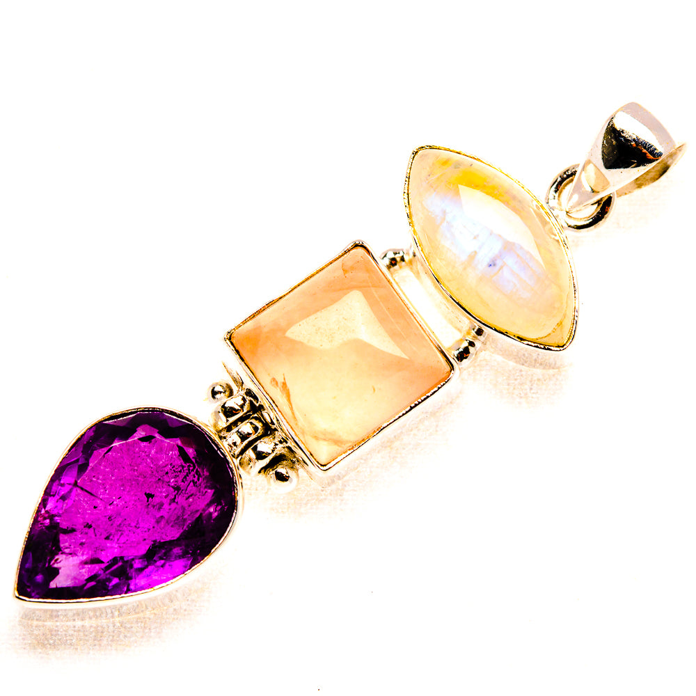 Rainbow Moonstone, Rose Quartz, Amethyst Pendant 2 3/8" (925 Sterling Silver) PD37524