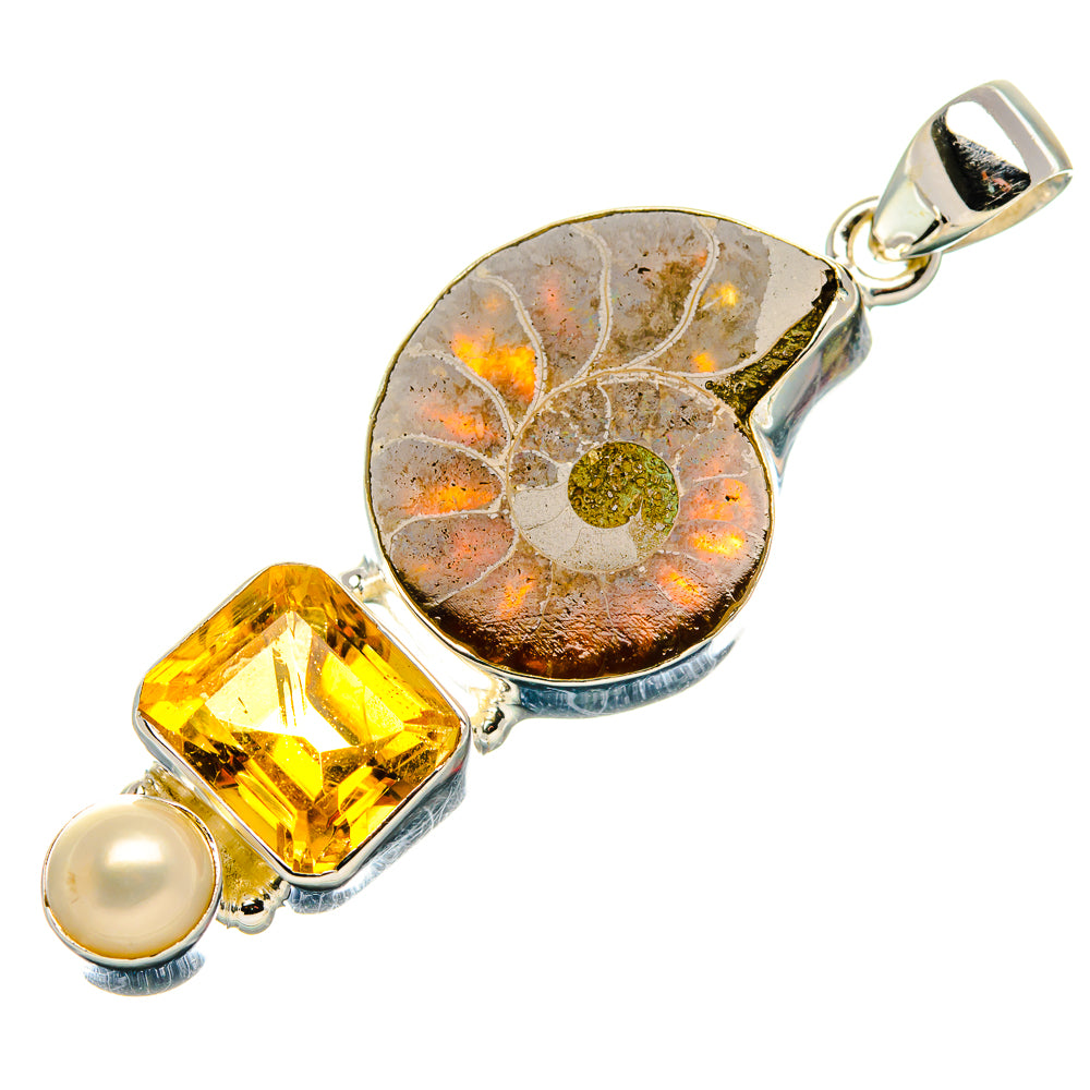 Ammonite Fossil, Citrine, Cultured Pearl Pendant 2" (925 Sterling Silver) PD37150