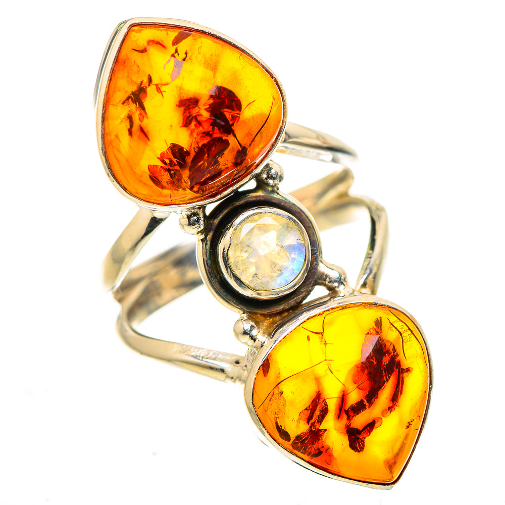 Baltic Amber, Rainbow Moonstone Ring Size 7.5 (925 Sterling Silver) RING134979