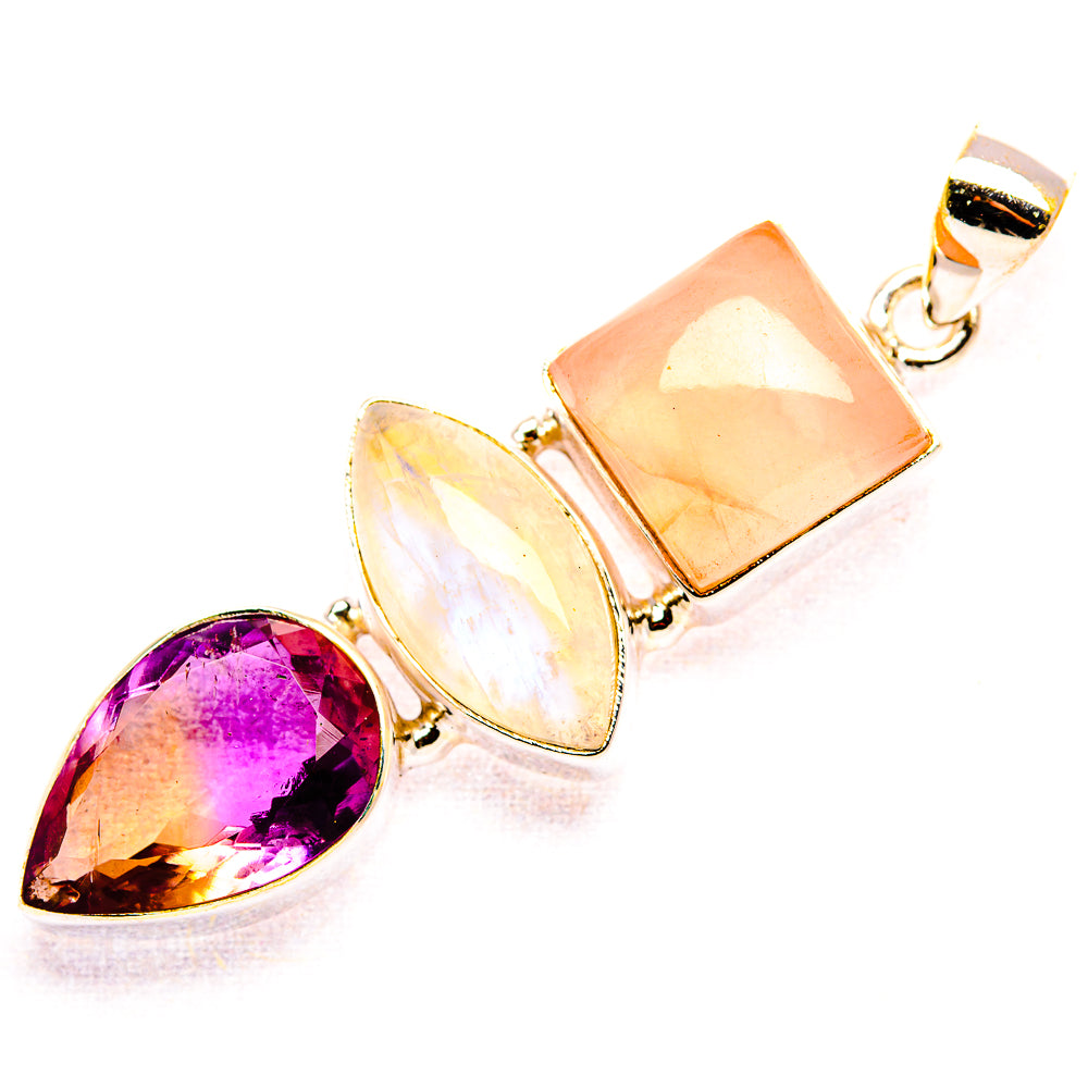 Faceted Ametrine, Rose Quartz, Rainbow Moonstone Pendant 2 1/8" (925 Sterling Silver) PD37475