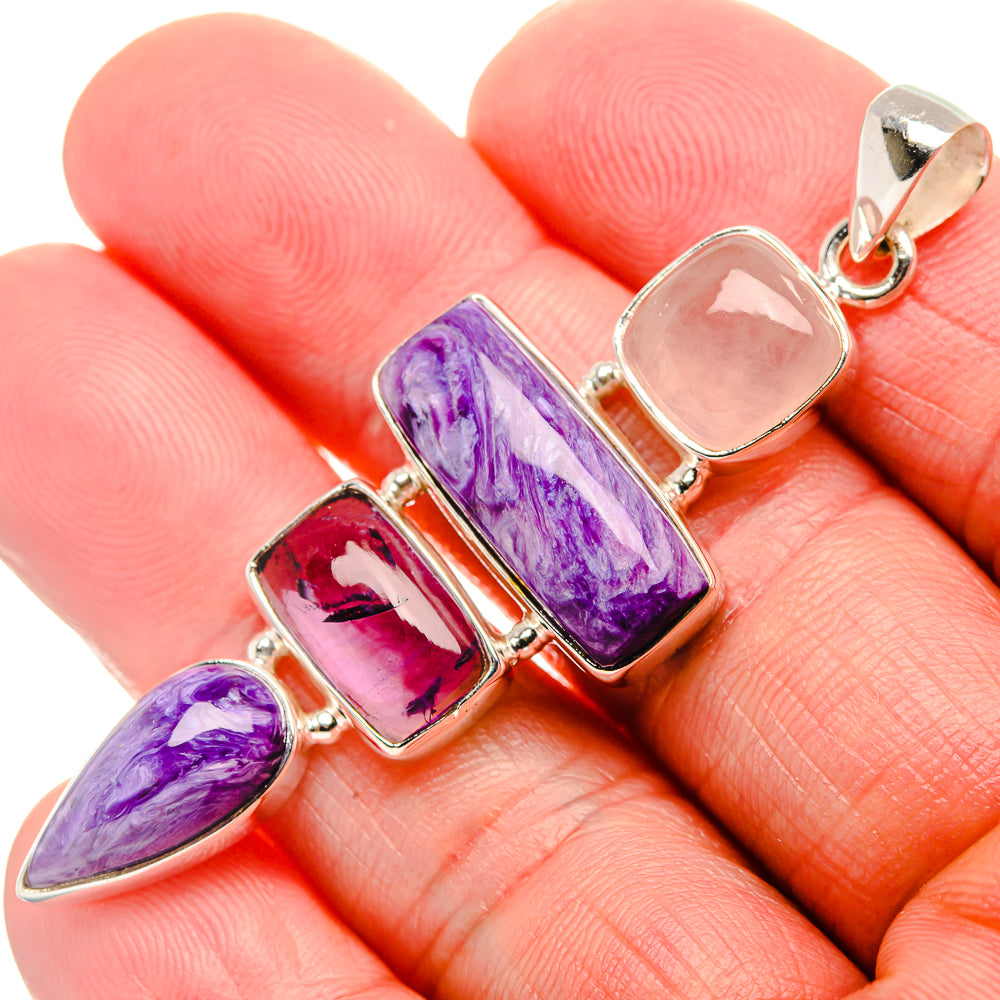 Charoite, Amethyst, Rose Quartz 925 Sterling Silver Pendant 2 1/2" (925 Sterling Silver) PD37651