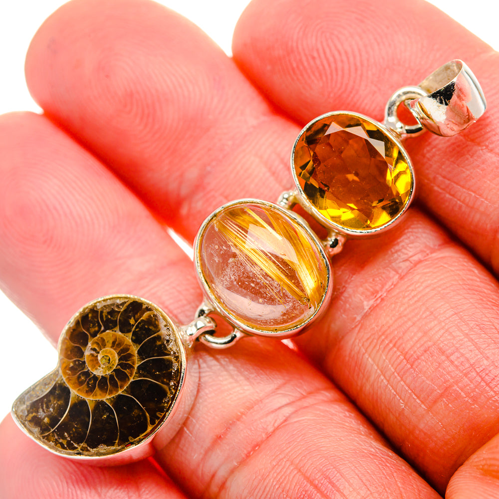 Ammonite Fossil, Rutilated Quartz, Citrine Pendant 2 1/4" (925 Sterling Silver) PD37483