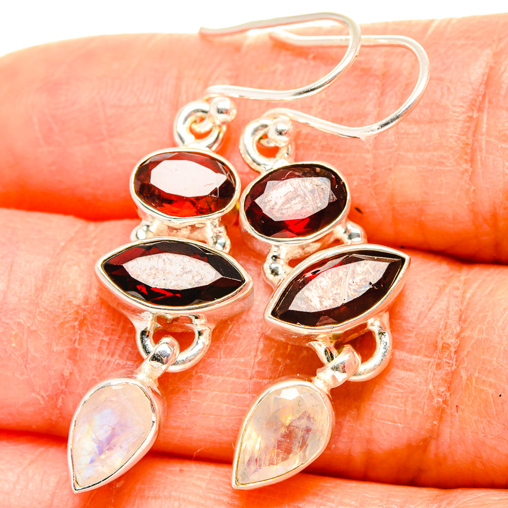 Garnet, Rainbow Moonstone Earrings 1 3/4" (925 Sterling Silver) EARR431604