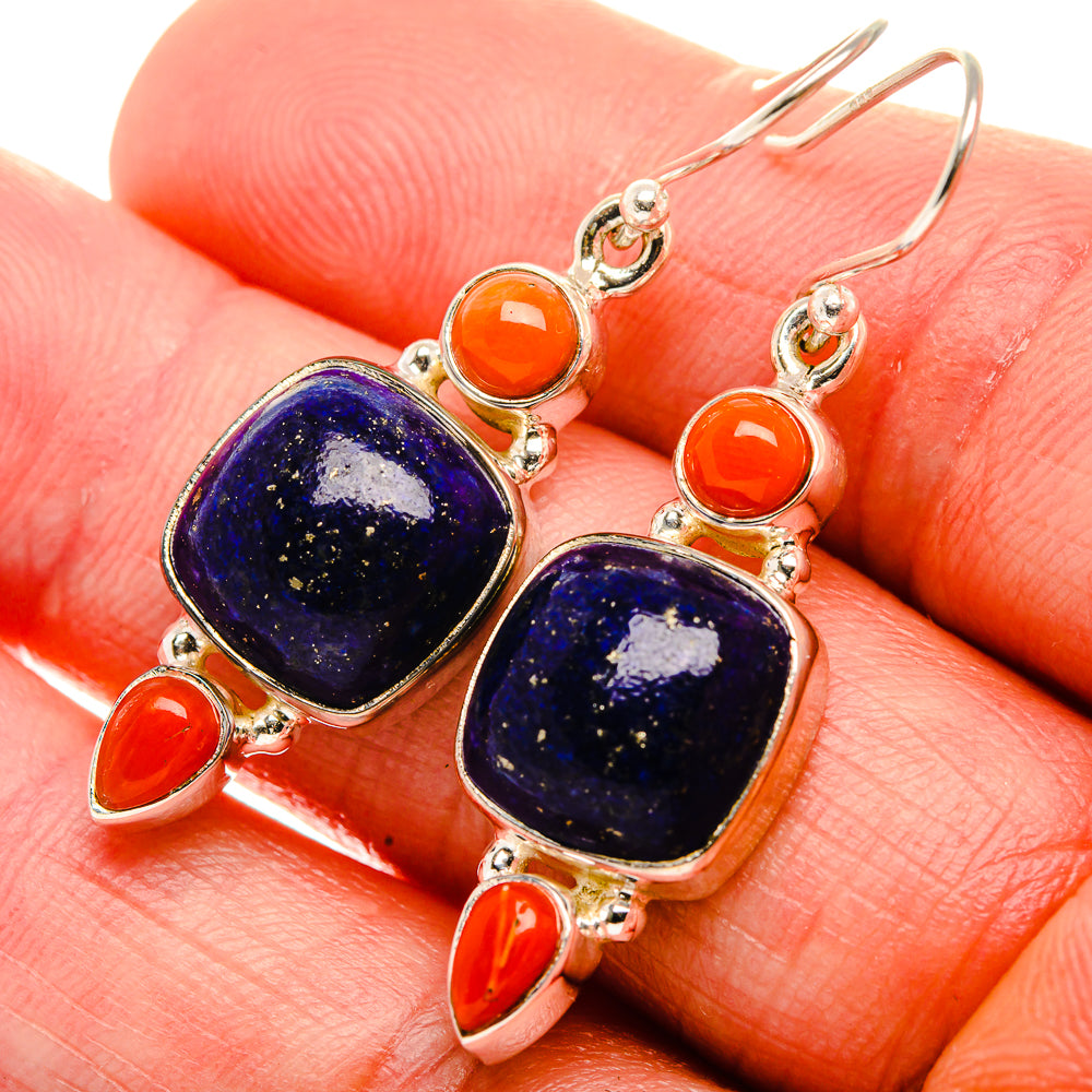 Lapis Lazuli, Red Coral 925 Sterling Silver Earrings 1 5/8" (925 Sterling Silver) EARR431945