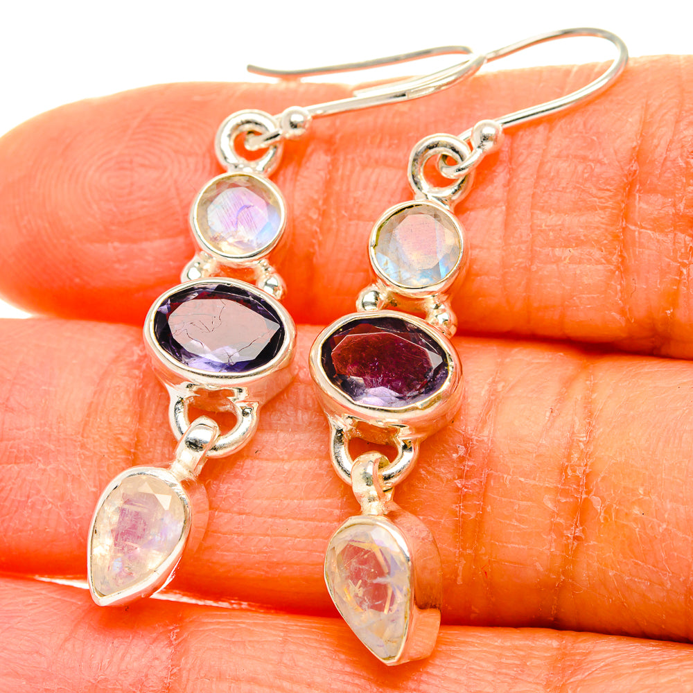 Anasilvercos Faceted Tanzanite, Rainbow Moonstone Earrings 1 3/4" (925 Sterling Silver)