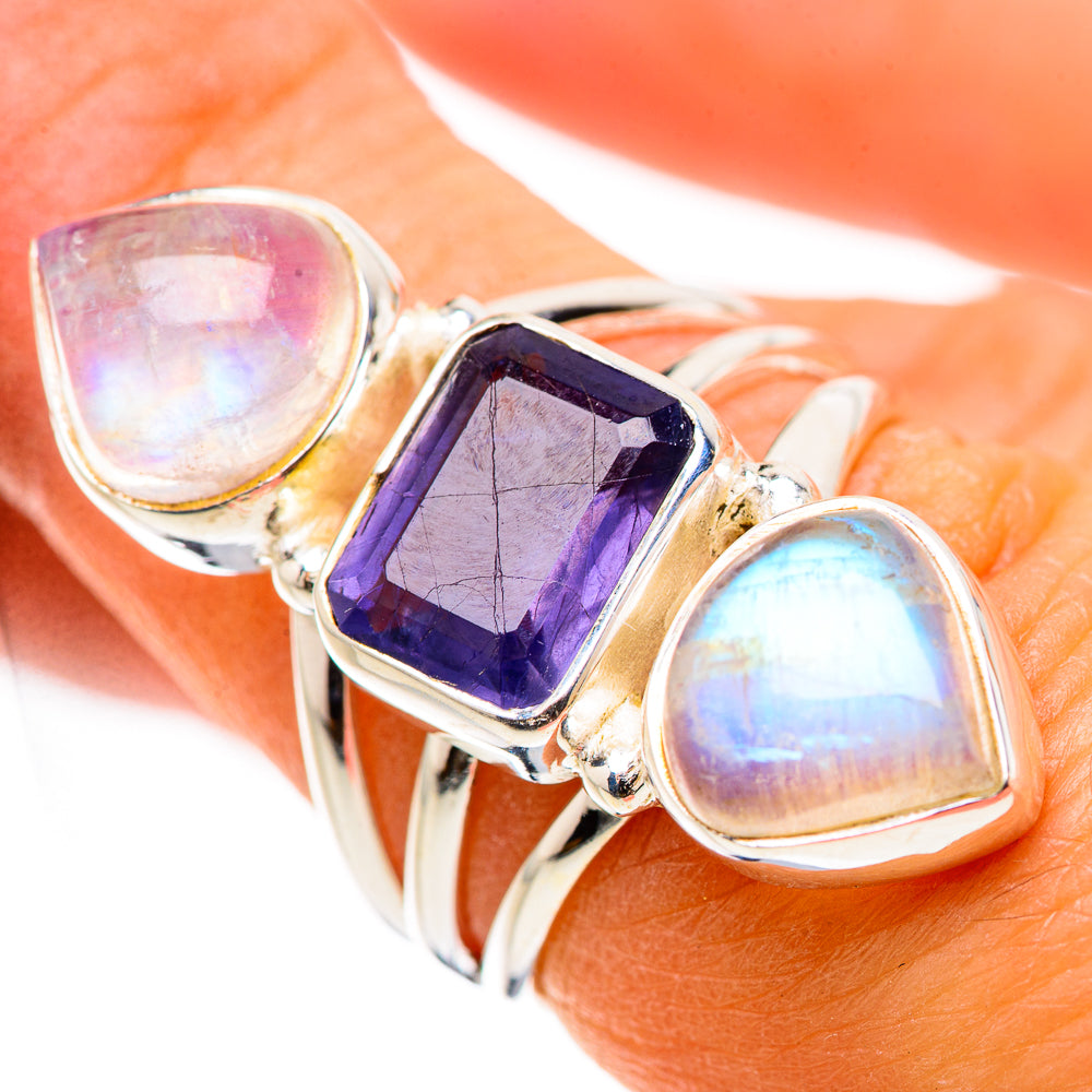 Faceted Tanzanite, Rainbow Moonstone Ring Size 6.5 (925 Sterling Silver) RING134627