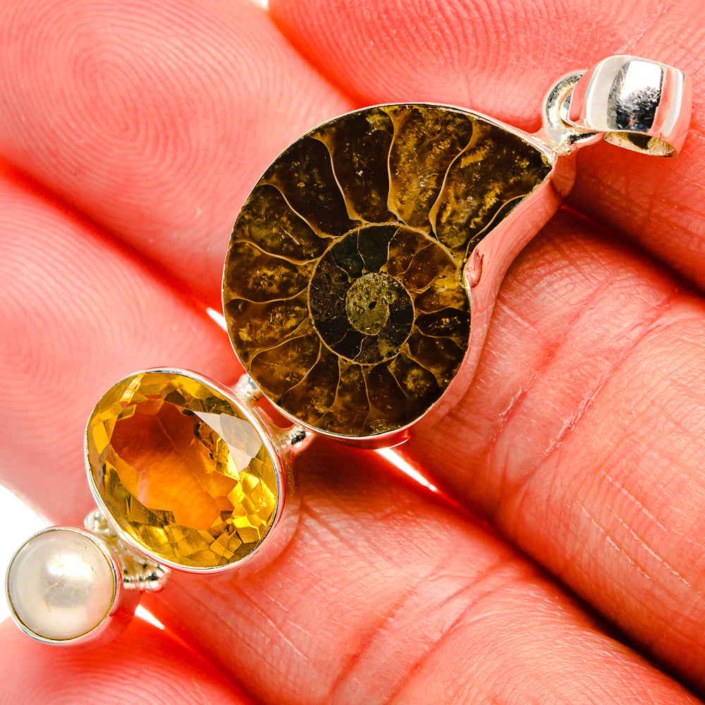 Ammonite Fossil, Citrine, Cultured Pearl Pendant 2 1/8" (925 Sterling Silver) PD37152