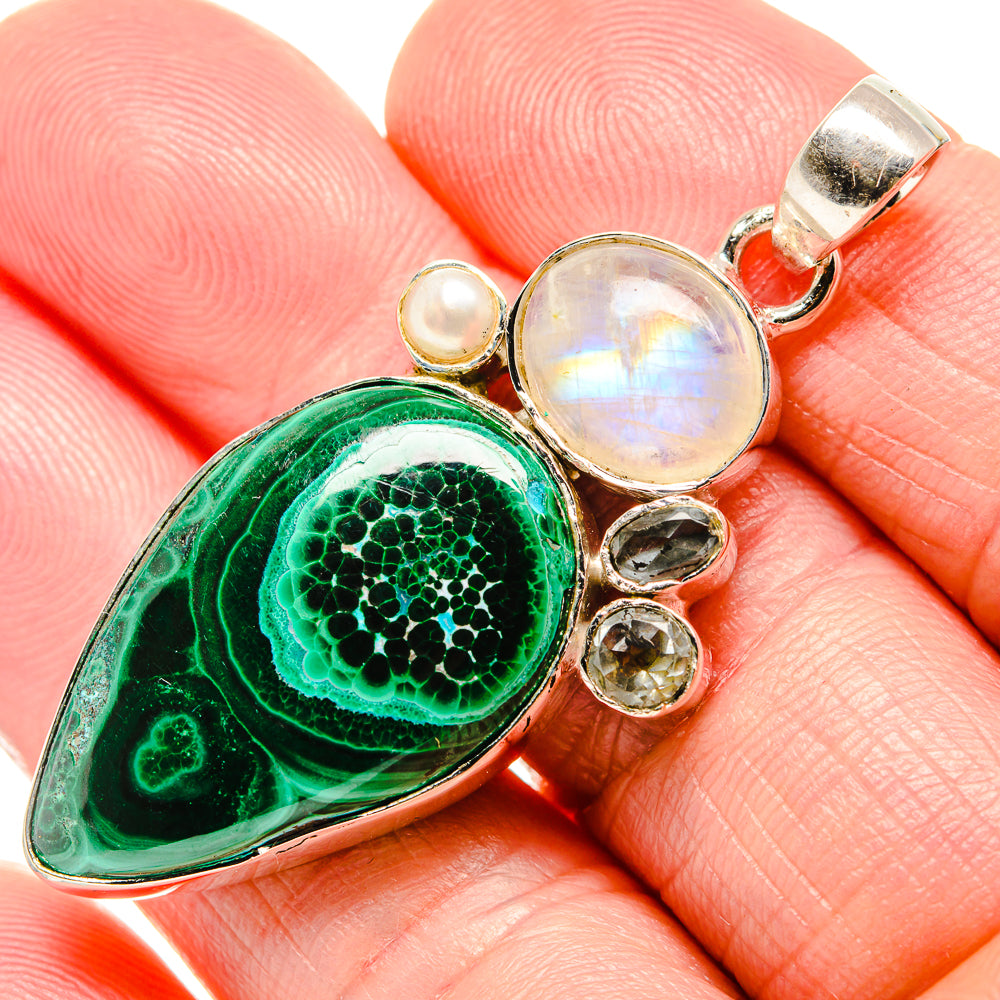 Malachite, Rainbow Moonstone, White Quartz, Cultured Pearl Pendant 2" (925 Sterling Silver) PD36381