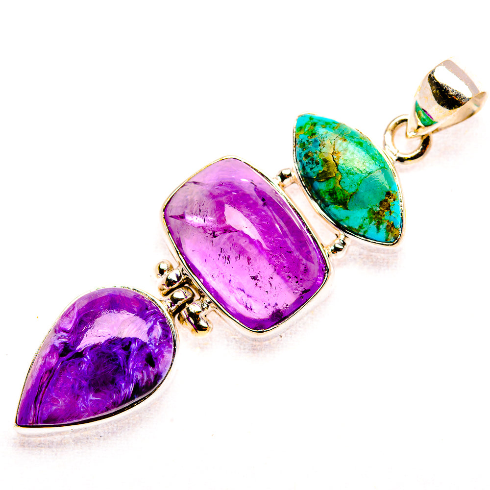 Amethyst, Charoite, Blue Copper Composite Turquoise 925 Sterling Silver Pendant 2 1/4" (925 Sterling Silver) PD37700