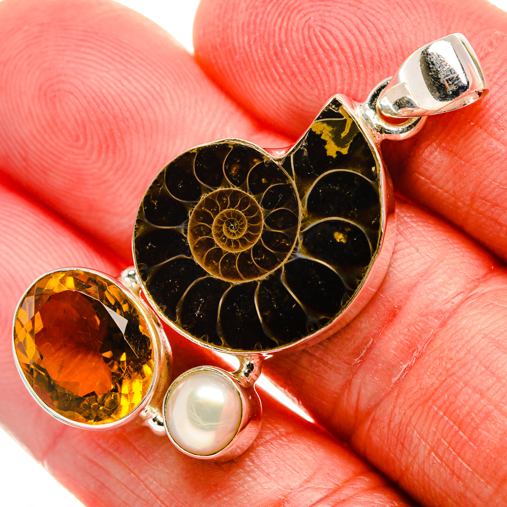 Ammonite Fossil, Citrine, Cultured Pearl Pendant 1 3/4" (925 Sterling Silver) PD37065