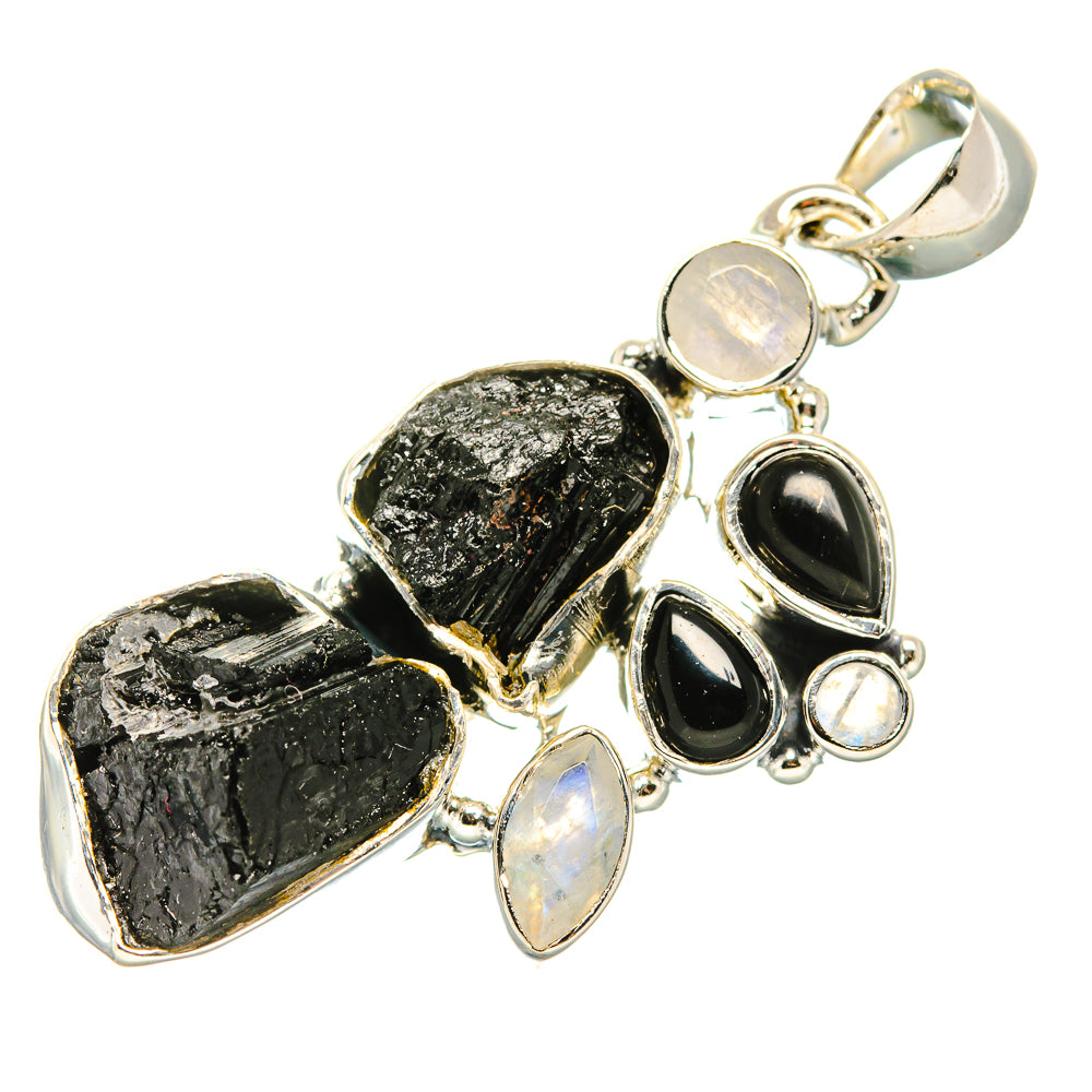 Rough Black Tourmaline, Black Onyx, Rainbow Moonstone Pendant 1 3/4" (925 Sterling Silver) PD36818