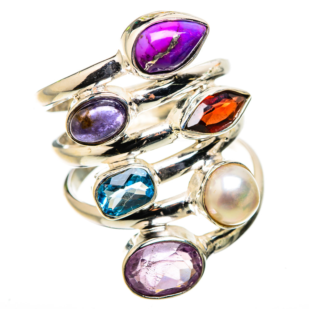Large Purple Copper Composite Turquoise, Tanzanite, Amethyst, Garnet, Blue Topaz, Cultured Pearl Ring Size 8 (925 Sterling Silver) RING135752