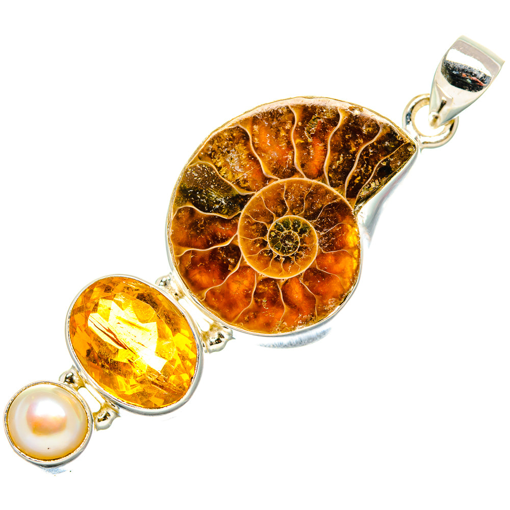 Ammonite Fossil, Citrine, Cultured Pearl Pendant 2 1/4" (925 Sterling Silver) PD36851