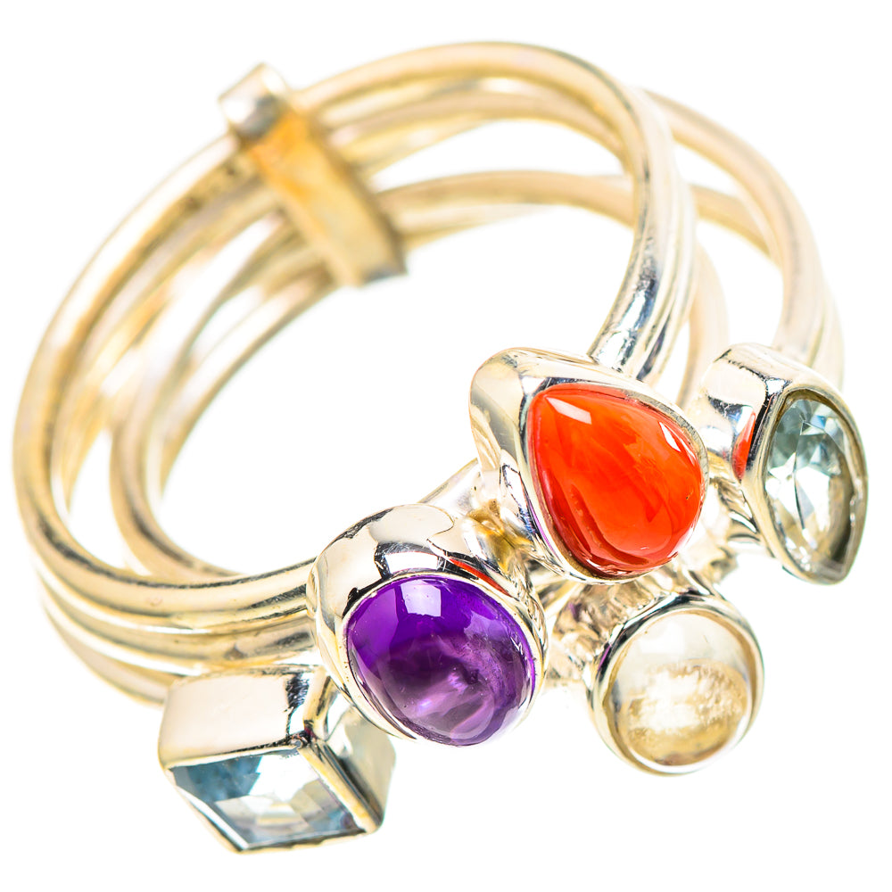 Red Coral, Amethyst, Blue Topaz, Rainbow Moonstone Ring Size 5.5 (925 Sterling Silver) RING136693