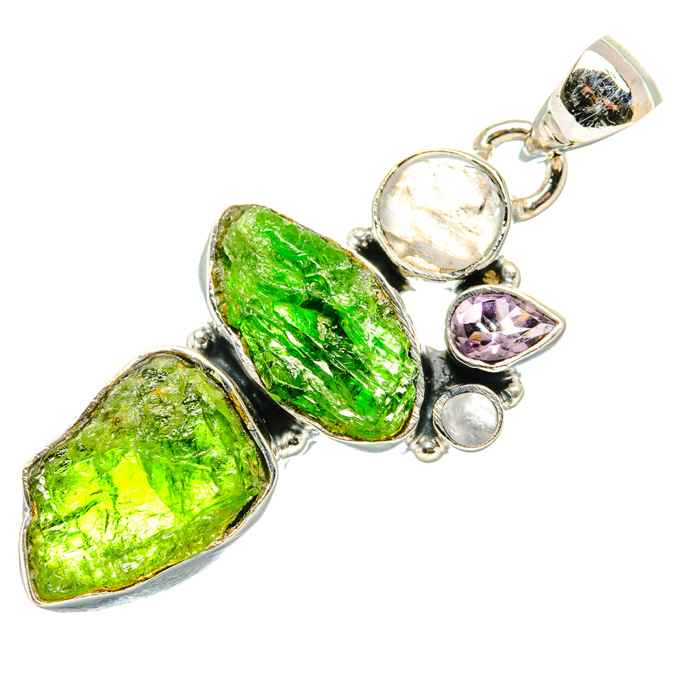 Rough Chrome Diopside, Rainbow Moonstone, Kunzite Pendant 1 3/4" (925 Sterling Silver) PD36819