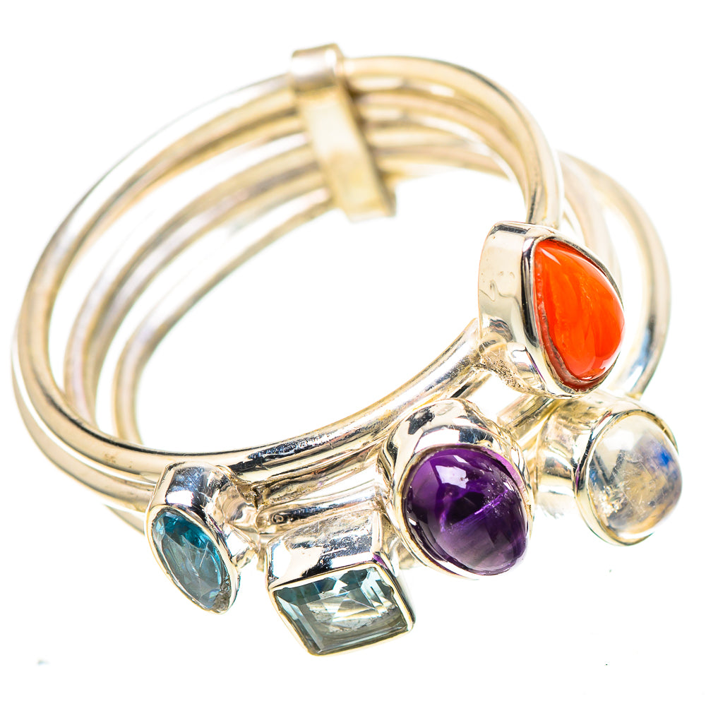 Carnelian, Amethyst, Blue Topaz, Rainbow Moonstone Ring Size 7.5 (925 Sterling Silver) RING136988