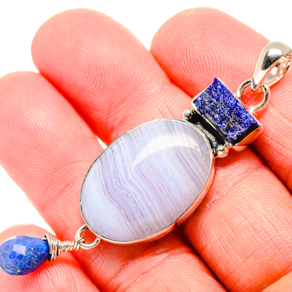 Blue Lace Agate, Lapis Lazuli Pendant 2 1/2" (925 Sterling Silver) PD36805
