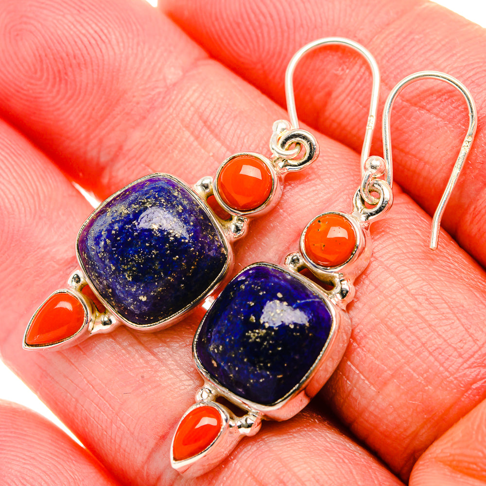 Lapis Lazuli, Red Coral Earrings 1 5/8" (925 Sterling Silver) EARR431876