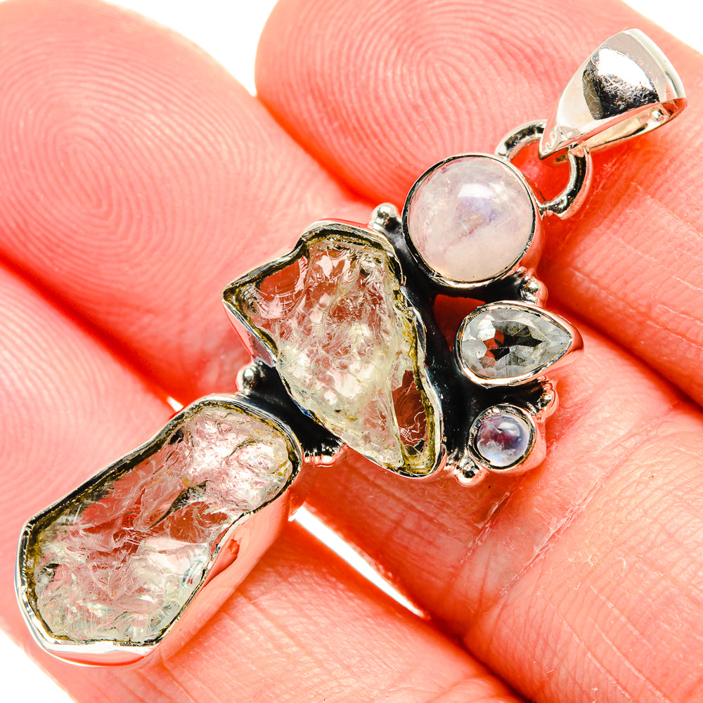 Rough Aquamarine, Rainbow Moonstone, Blue Topaz Pendant 2" (925 Sterling Silver) PD36775