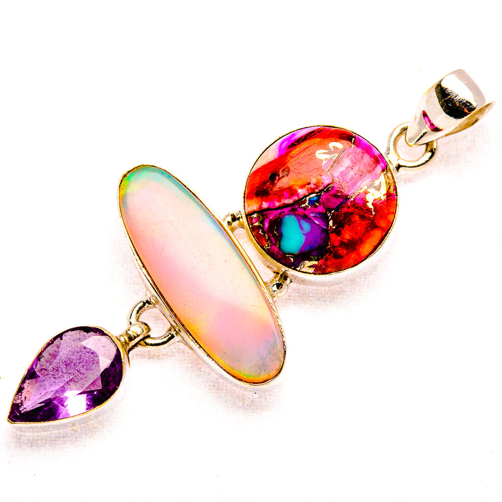 Aura Opal, Kingman Pink Dahlia Turquoise, Amethyst 925 Sterling Silver Pendant 2 1/8" (925 Sterling Silver) PD37710