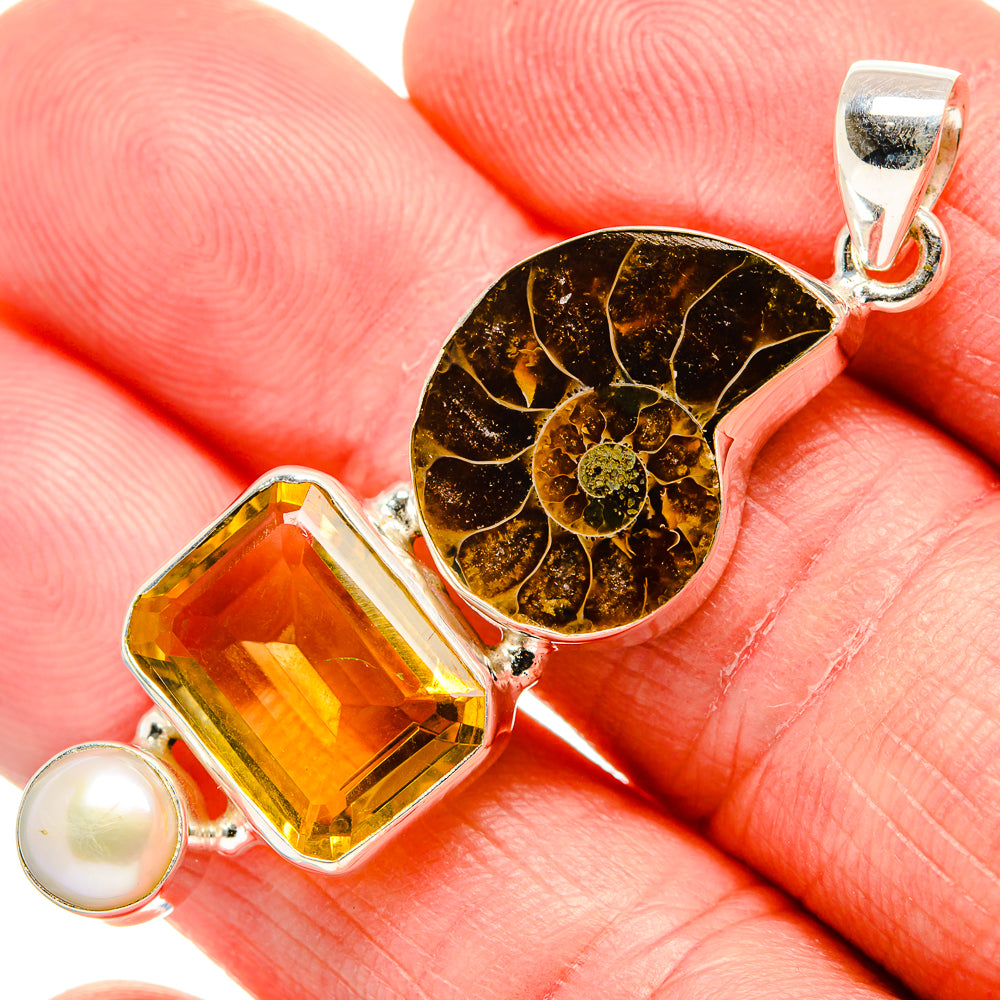 Ammonite Fossil, Citrine, Cultured Pearl Pendant 2"  (925 Sterling Silver) PD36936
