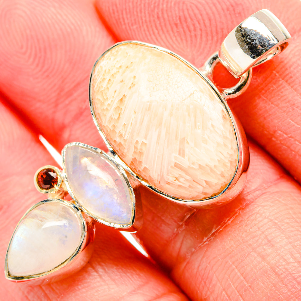 Scolecite, Rainbow Moonstone, Garnet Pendant 1 3/4" (925 Sterling Silver) PD36810