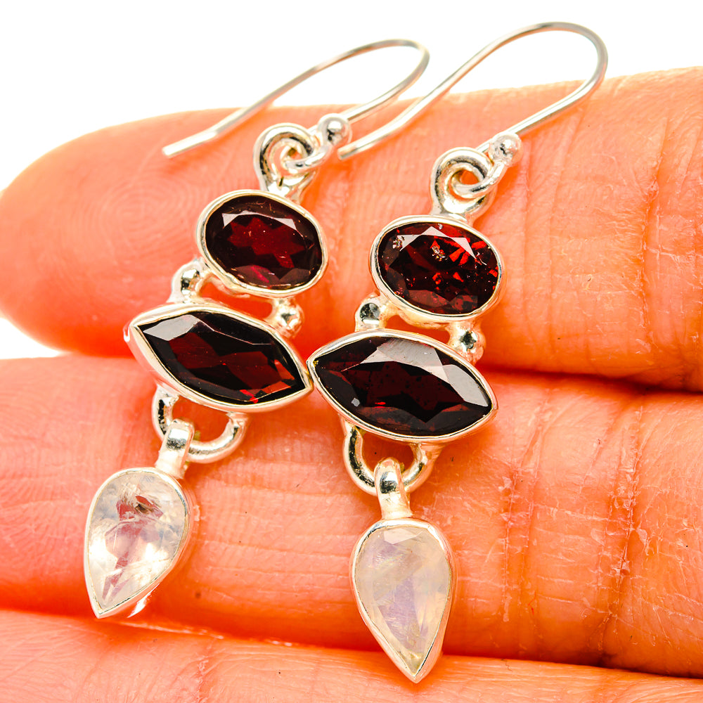 Anasilvercos Garnet, Rainbow Moonstone Earrings 1 3/4" (925 Sterling Silver)