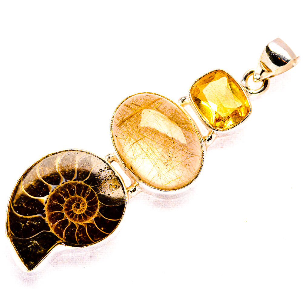 Ammonite Fossil, Rutilated Quartz, Citrine Pendant 2 3/8" (925 Sterling Silver) PD37479