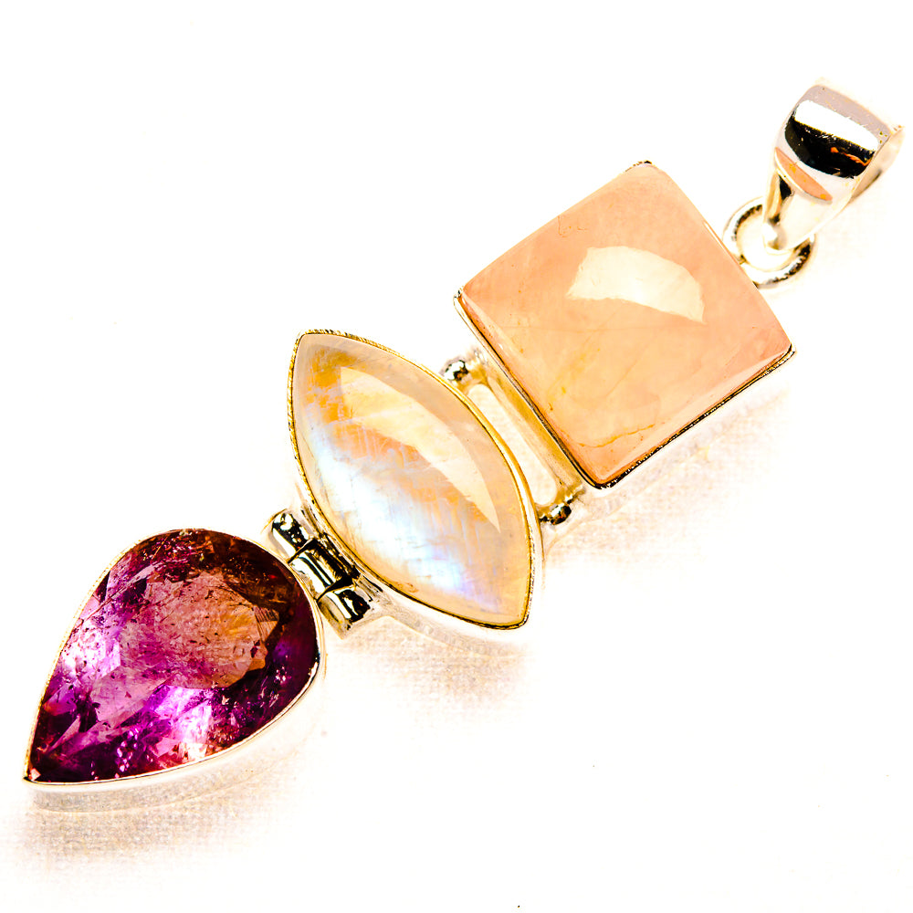 Rose Quartz, Rainbow Moonstone, Amethyst Pendant 2 1/8" (925 Sterling Silver) PD37526