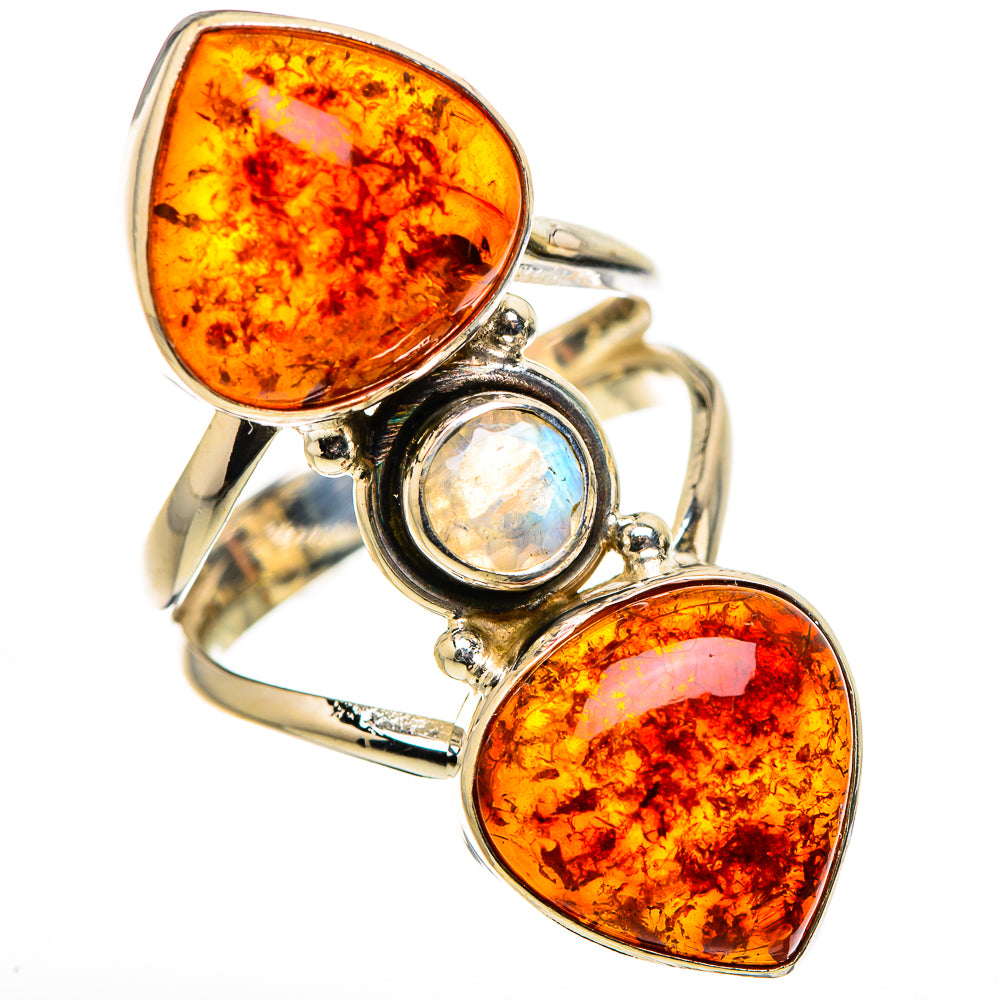 Large Baltic Amber, Rainbow Moonstone Ring Size 6.75 (925 Sterling Silver) RING134716