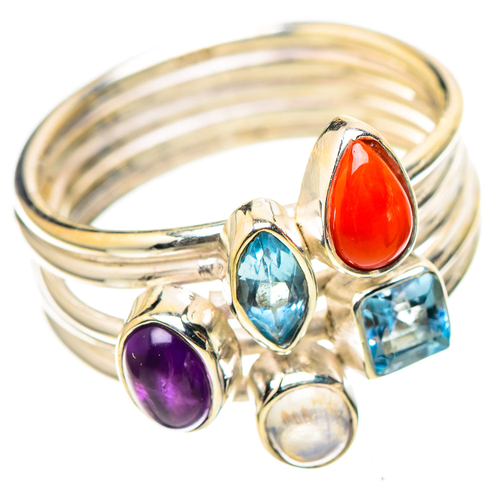 Red Coral, Blue Topaz, Amethyst, Rainbow Moonstone 925 Sterling Silver Ring Size 7.75 (925 Sterling Silver) RING137395