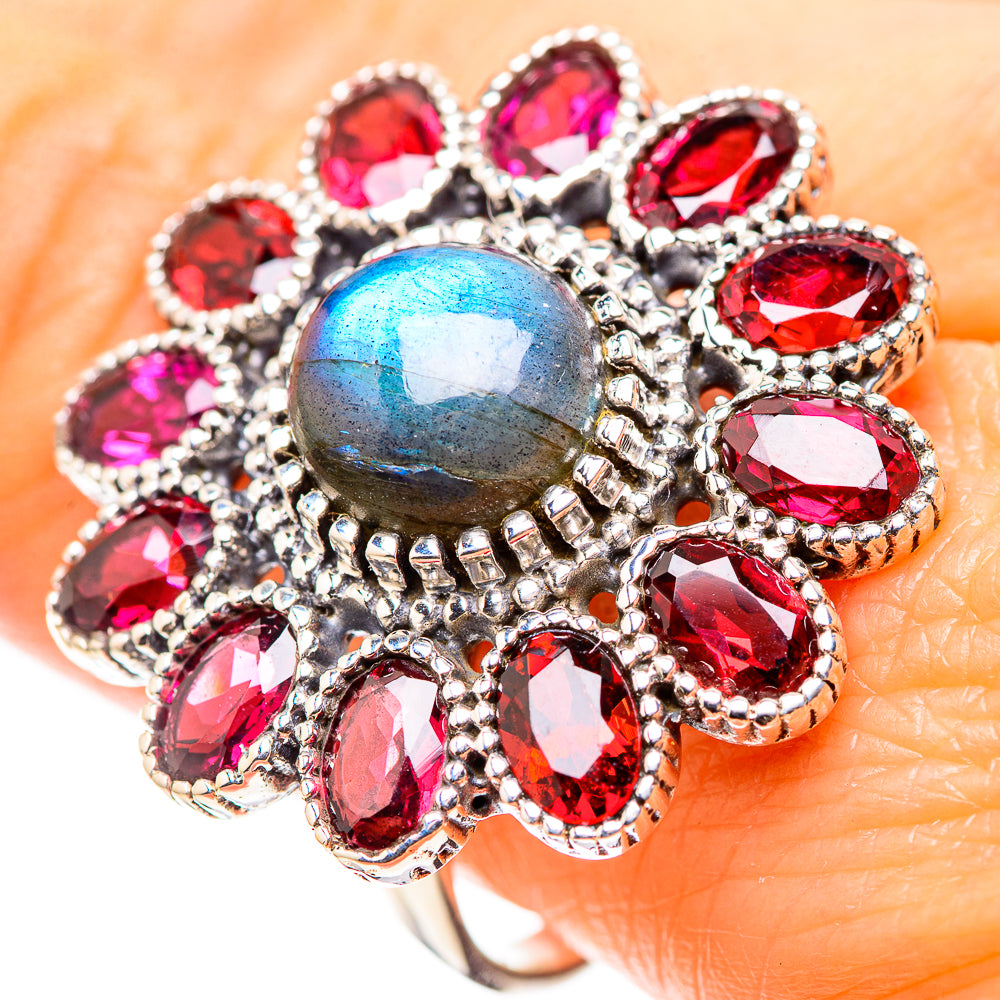 Large Labradorite, Garnet 925 Sterling Silver Ring Size 10 (925 Sterling Silver) RING137556