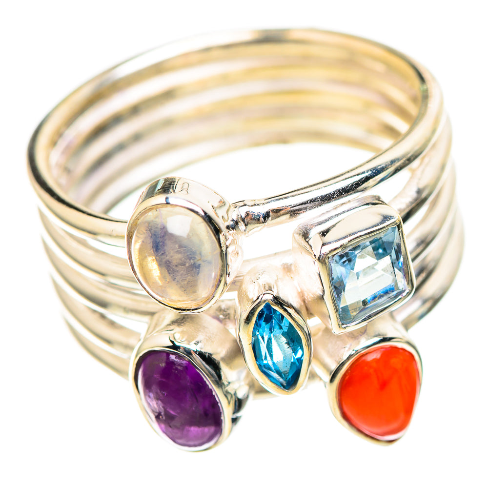 Rainbow Moonstone, Amethyst, Carnelian, Blue Topaz Ring Size 6.25 (925 Sterling Silver) RING136324