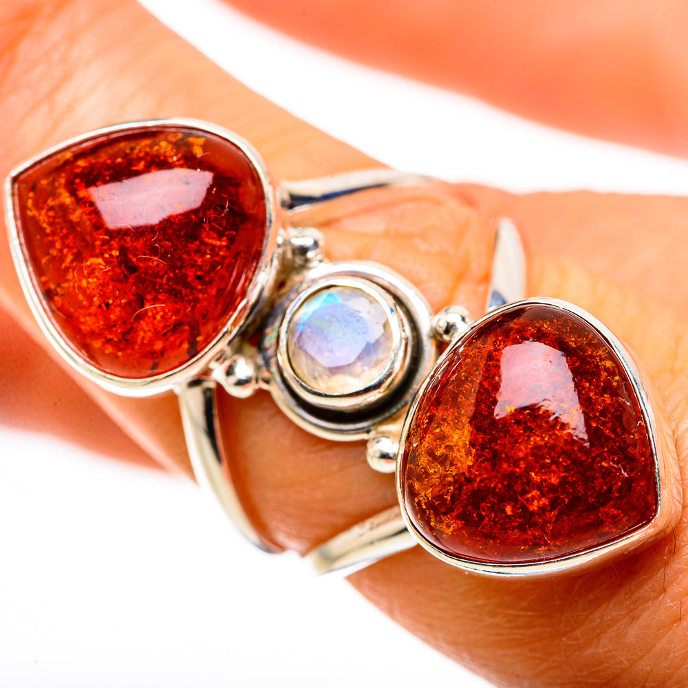Large Baltic Amber, Rainbow Moonstone Ring Size 6.75 (925 Sterling Silver) RING134716