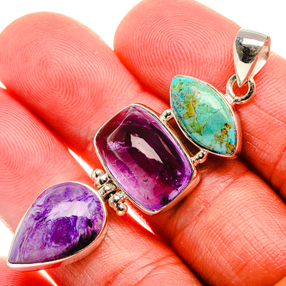 Amethyst, Charoite, Blue Copper Composite Turquoise 925 Sterling Silver Pendant 2 1/4" (925 Sterling Silver) PD37700