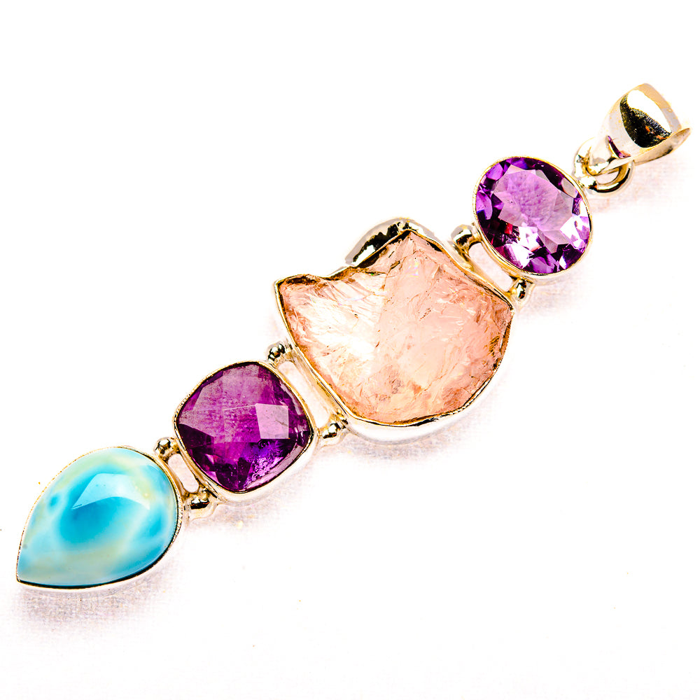 Rough Rose Quartz, Amethyst, Larimar 925 Sterling Silver Pendant 2 1/2" (925 Sterling Silver) PD37708