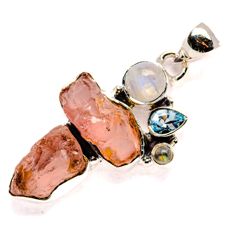 Rough Rose Quartz, Rainbow Moonstone, Blue Topaz Pendant 1 3/4" (925 Sterling Silver) PD36735