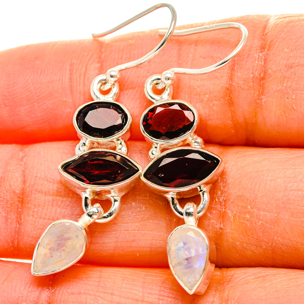 Anasilvercos Garnet, Rainbow Moonstone Earrings 1 3/4" (925 Sterling Silver)