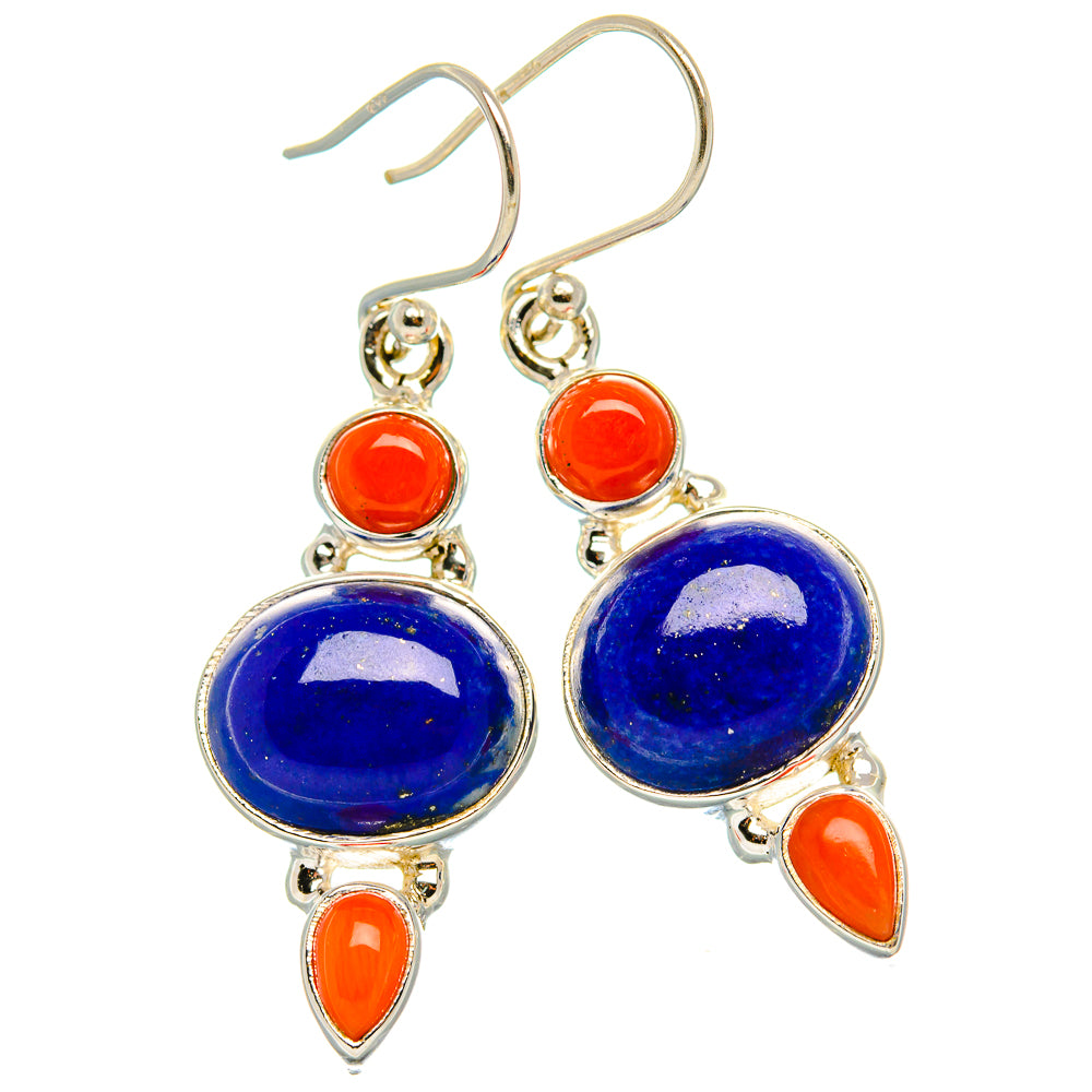 Lapis Lazuli, Red Coral 925 Sterling Silver Earrings 1 5/8" (925 Sterling Silver) EARR431913