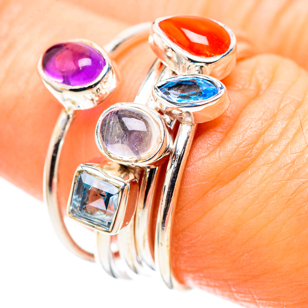 Amethyst, Red Coral, Blue Topaz, Rainbow Moonstone Ring Size 7.5 (925 Sterling Silver) RING136851