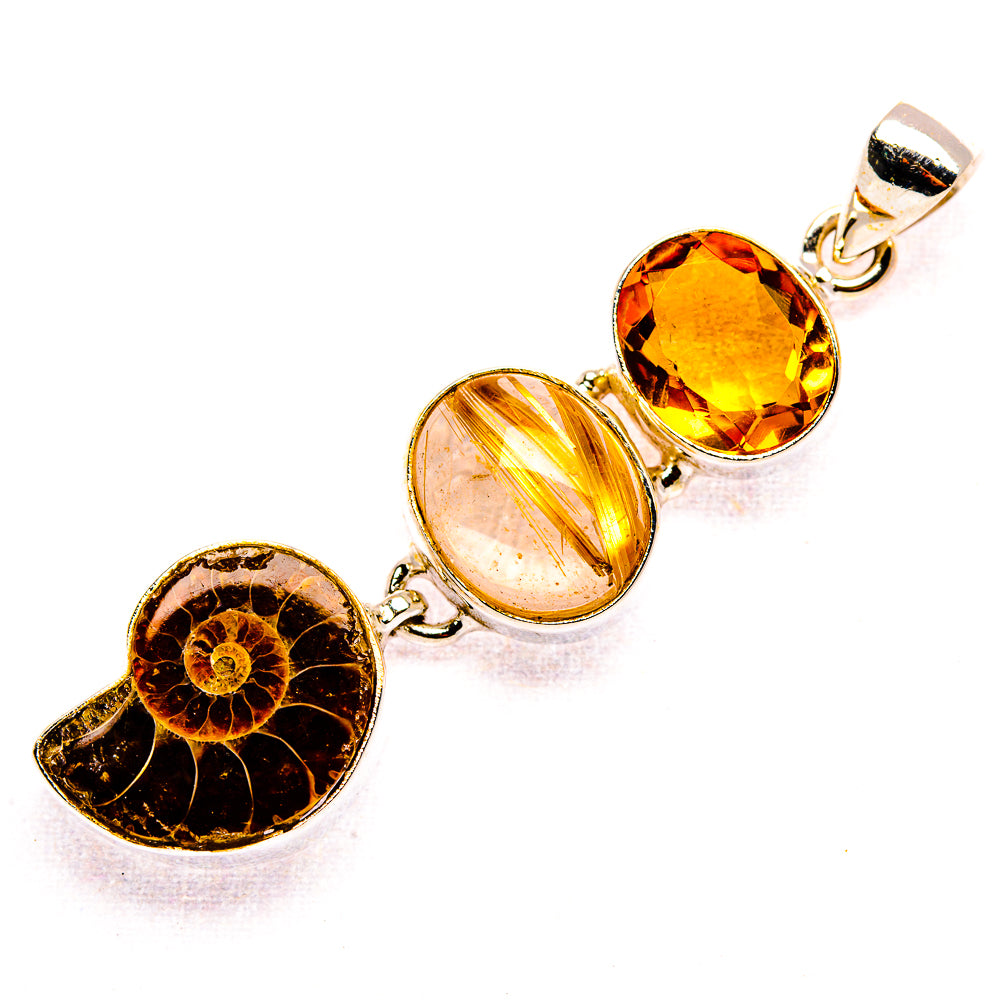 Ammonite Fossil, Rutilated Quartz, Citrine Pendant 2 1/4" (925 Sterling Silver) PD37483