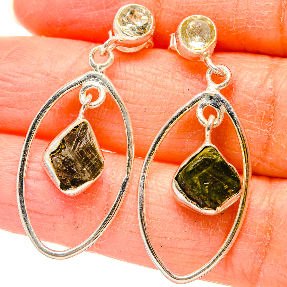 Rough Peridot, White Quartz Earrings 1 1/2" (925 Sterling Silver) EARR431516