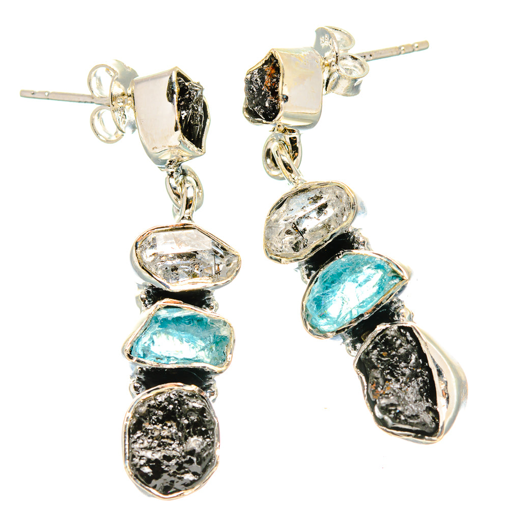 Black Tourmaline, Apatite, Herkimer Diamond Earrings 1 1/2" (925 Sterling Silver) EARR431486