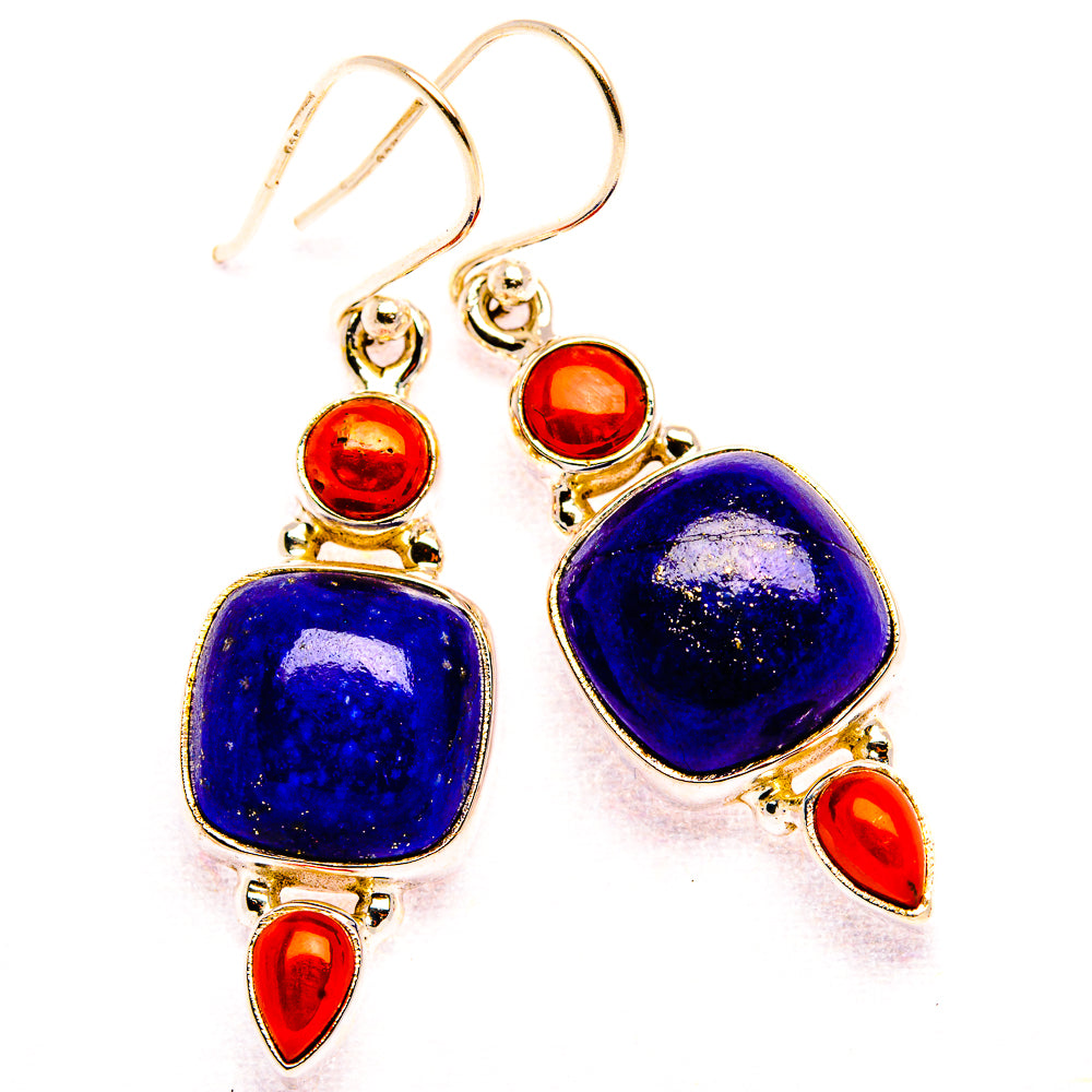 Lapis Lazuli, Red Coral 925 Sterling Silver Earrings 1 3/4" (925 Sterling Silver) EARR431941