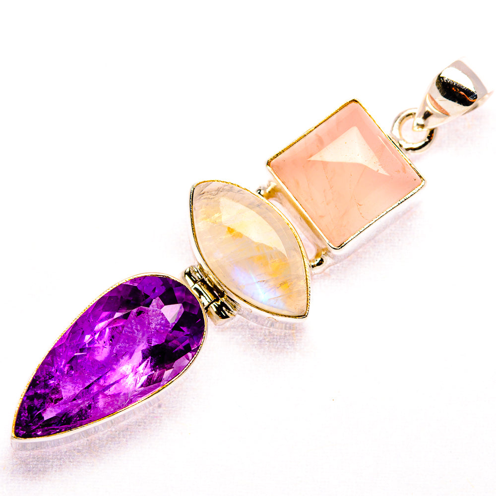 Faceted Amethyst, Rose Quartz, Rainbow Moonstone Pendant 2 1/2" (925 Sterling Silver) PD37427