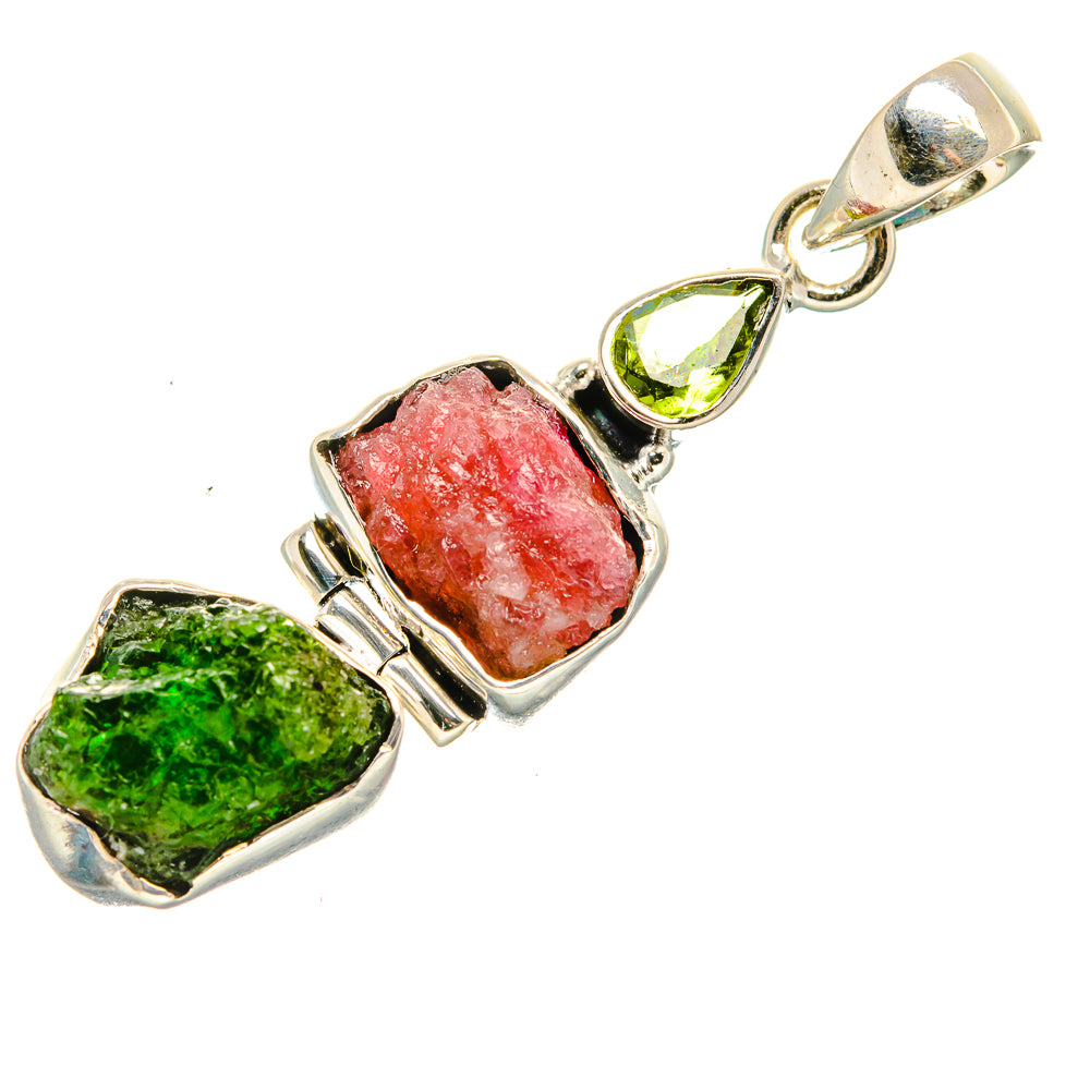 Rough Pink Tourmaline, Chrome Diopside, Peridot Pendant 1 7/8" (925 Sterling Silver) PD36317
