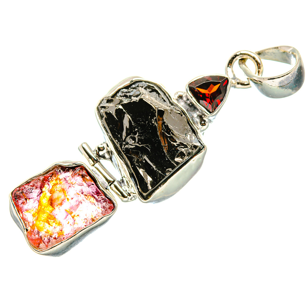 Rough Shungite, Pink Tourmaline, Garnet Pendant 1 3/4" (925 Sterling Silver) PD36825