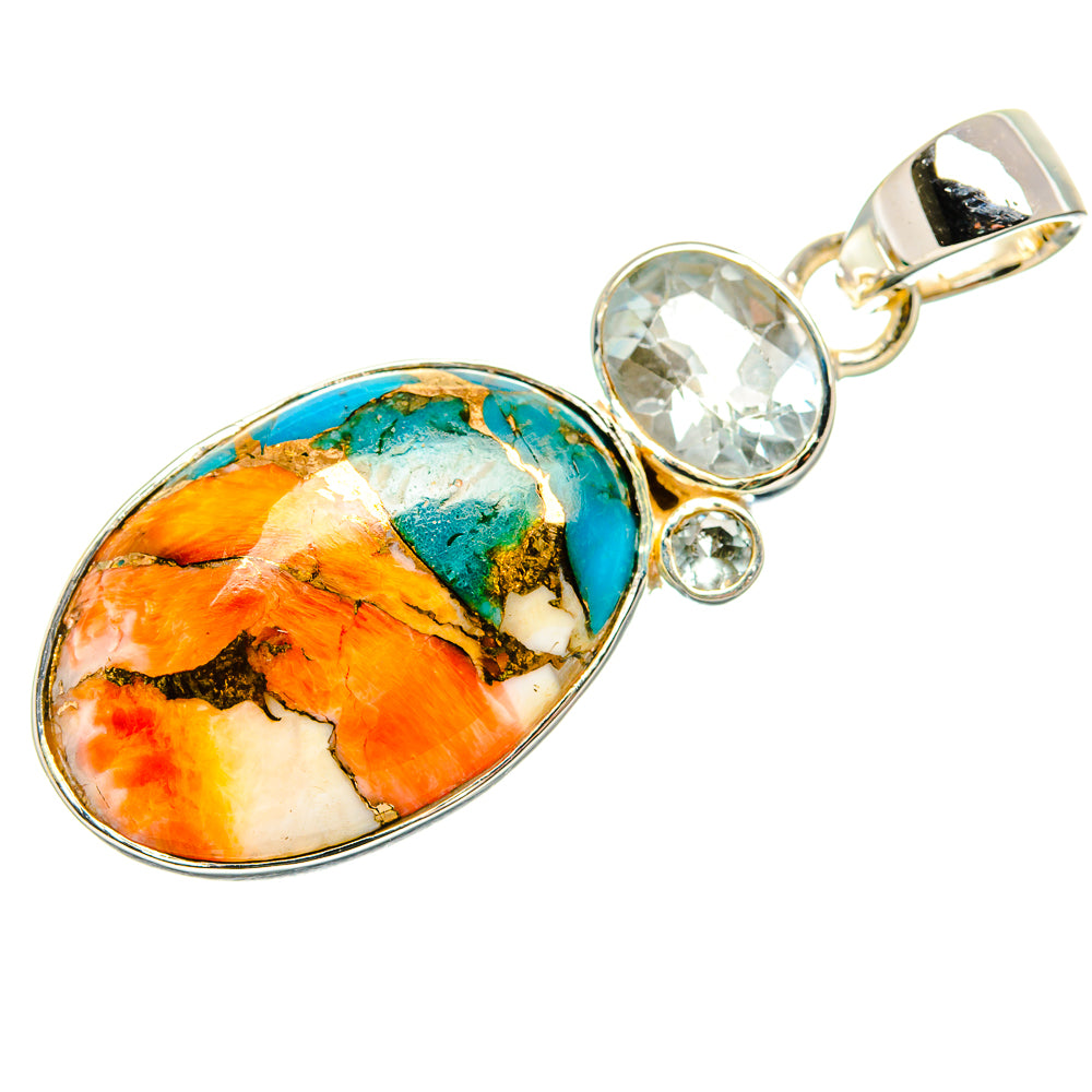 Spiny Oyster Turquoise, White Quartz Pendant 1 3/4" (925 Sterling Silver) PD36294