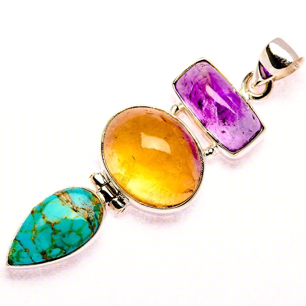 Citrine, Blue Copper Composite Turquoise, Amethyst 925 Sterling Silver Pendant 2 1/4" (925 Sterling Silver) PD37649