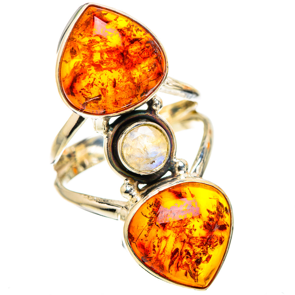 Large Baltic Amber, Rainbow Moonstone Ring Size 7.5 (925 Sterling Silver) RING135703